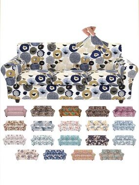 Printed Floral Stretch Sofa Slipcover - Blue & Tan